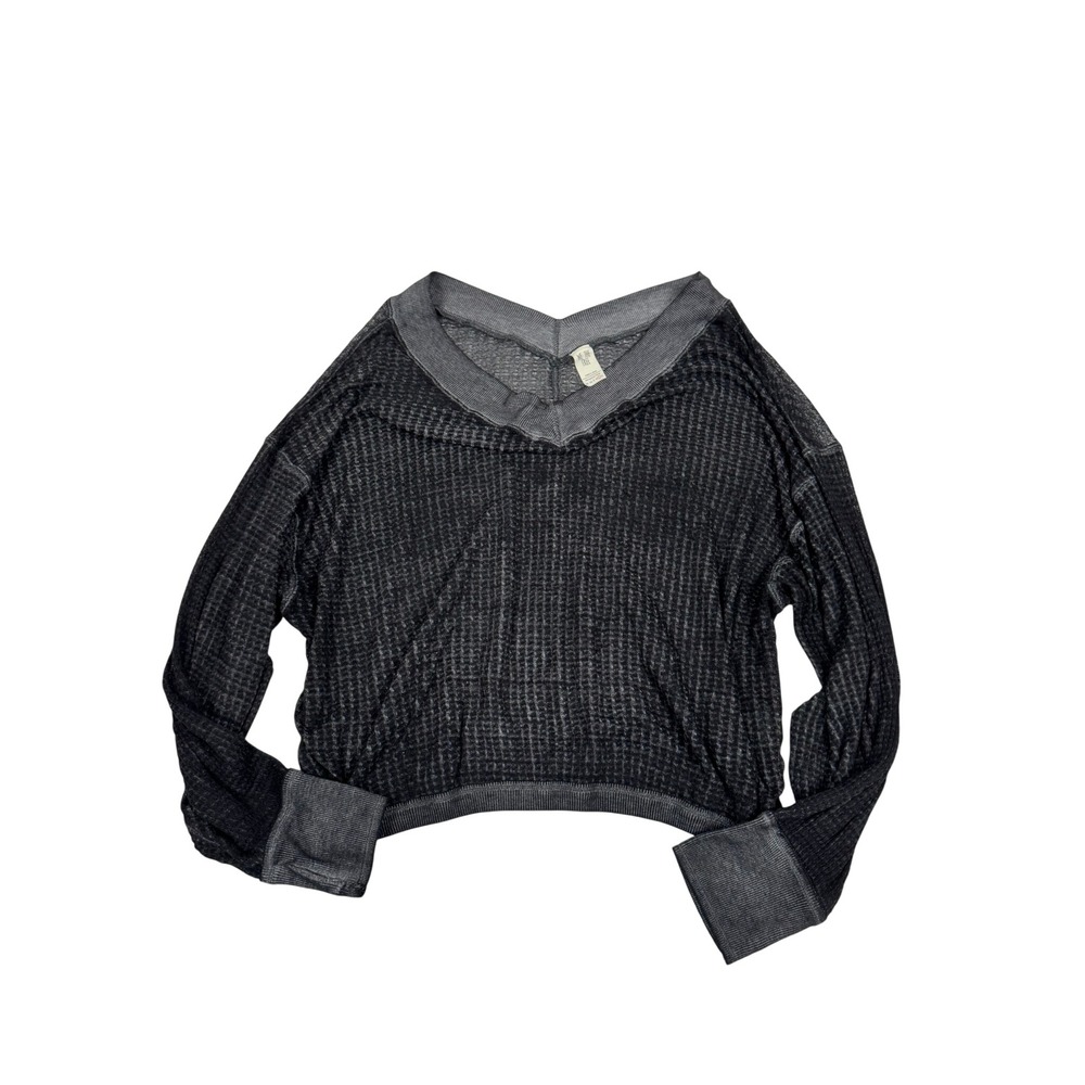 We The Free Free People Charcoal Gray Waffle Knit Thermal V-Neck Top Size L - Picture 2 of 6